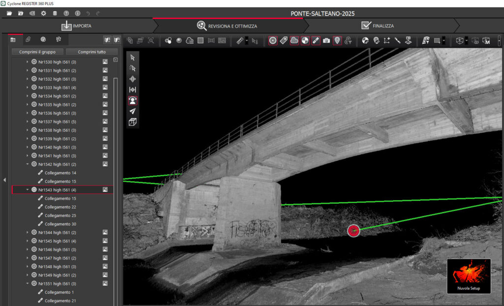 Immagine dei dati di un rilievo laser scanner effettuato da STUDIO PREOCO di un ponte, mostrati in modalità intensità per evidenziare dettagli strutturali.