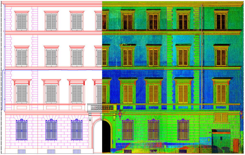 Confronto tra il modello CAD e la nuvola di punti 3D di una facciata, ottenuti tramite rilievo laser scanner. Dettaglio del rilievo architettonico per il restauro.