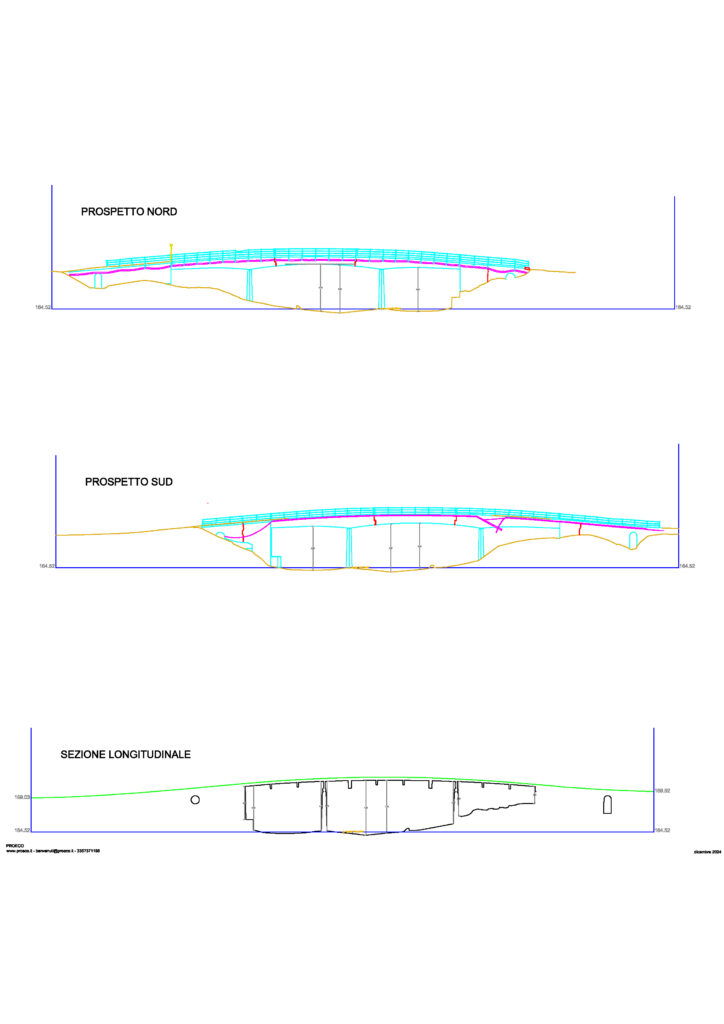 Immagine dei progetti tecnici di un ponte, compresi i prospetti nord e sud e la sezione longitudinale, utilizzati per analisi strutturali