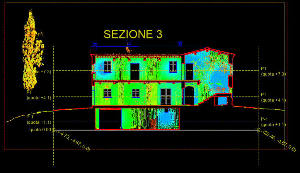 Nuvola di punti laser scanner 3D per verifica geometrica e sezione tecnica dell’edificio