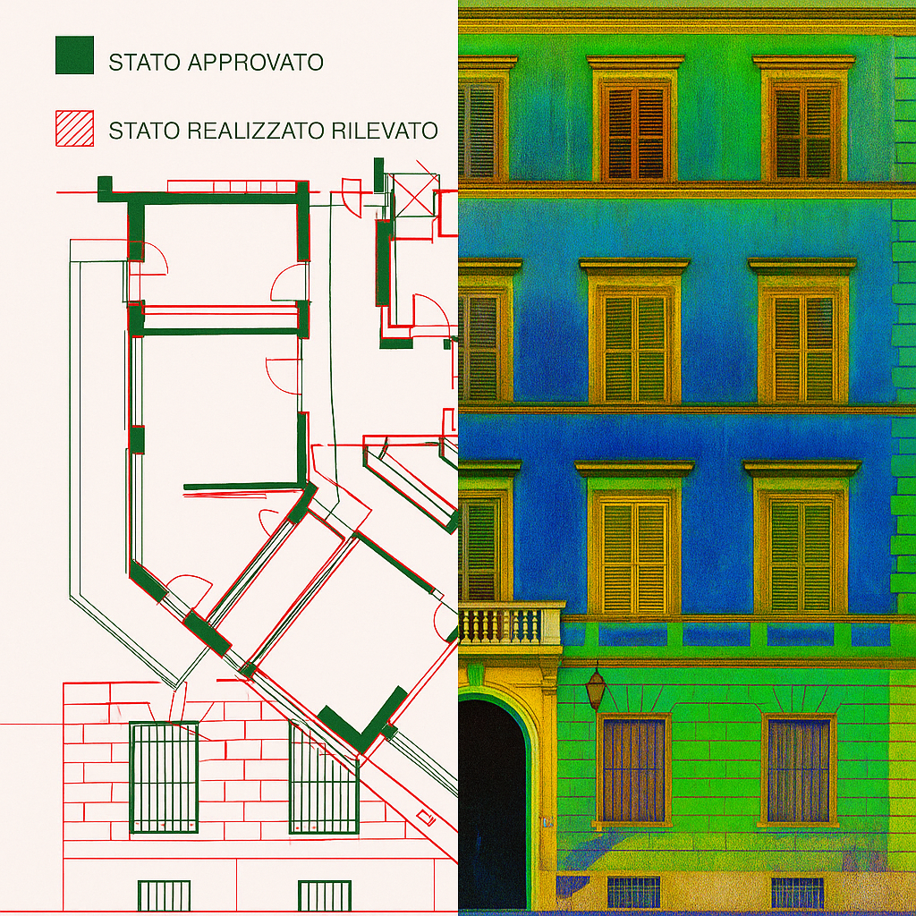 Sovrapposizione tra prospetto rilevato e CAD per verifica di conformità urbanistica e stato legittimo