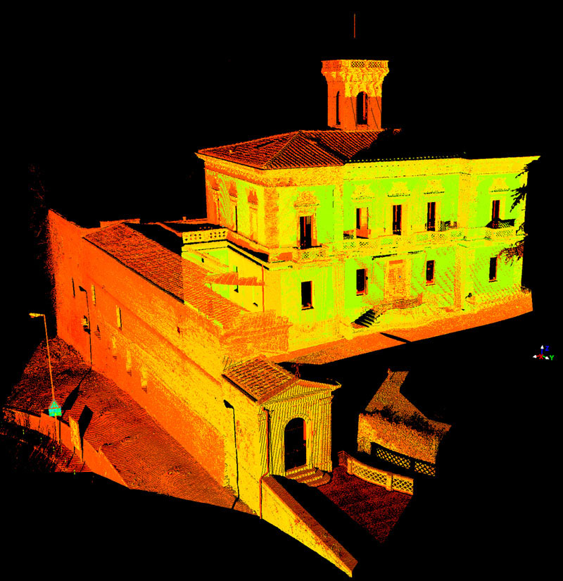 Nuvola di punti 3D di struttura alberghiera ottenuta da rilievo laser scanner per BIM e verifiche dimensionali
