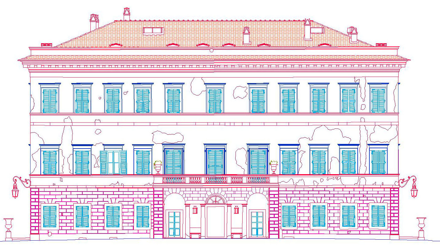 Prospetto CAD di hotel derivato da fotopiano e rilievo laser scanner per elaborati tecnici e conformità